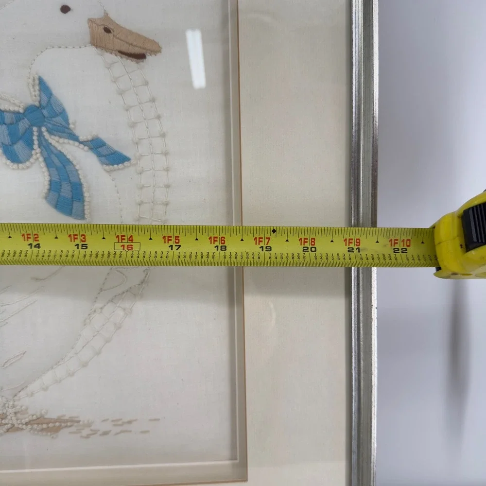 Vintage Framed Goose Embroidery Art Three White Geese Blue Bows Cottagecore